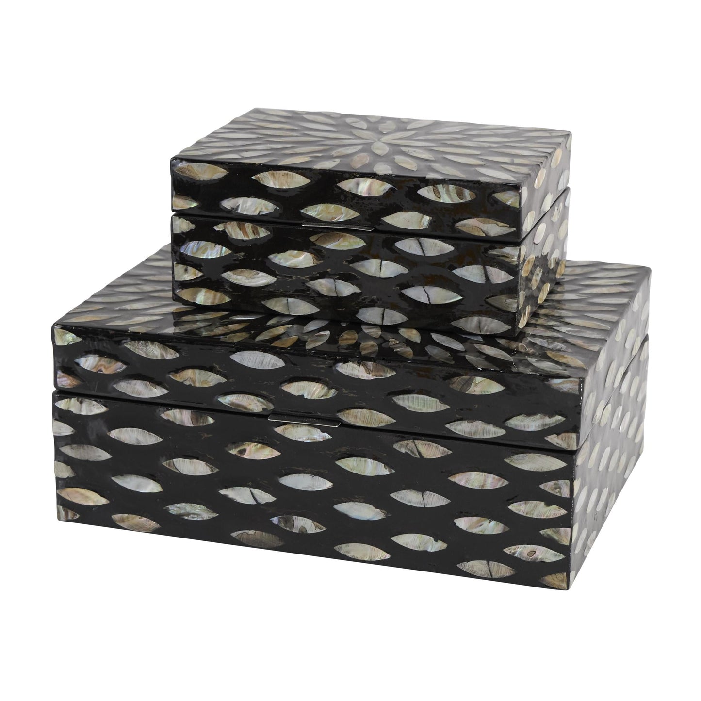 DecMode Floral Black Mother of Pearl Shell Decorative Box with Beige Accents, 2 Count