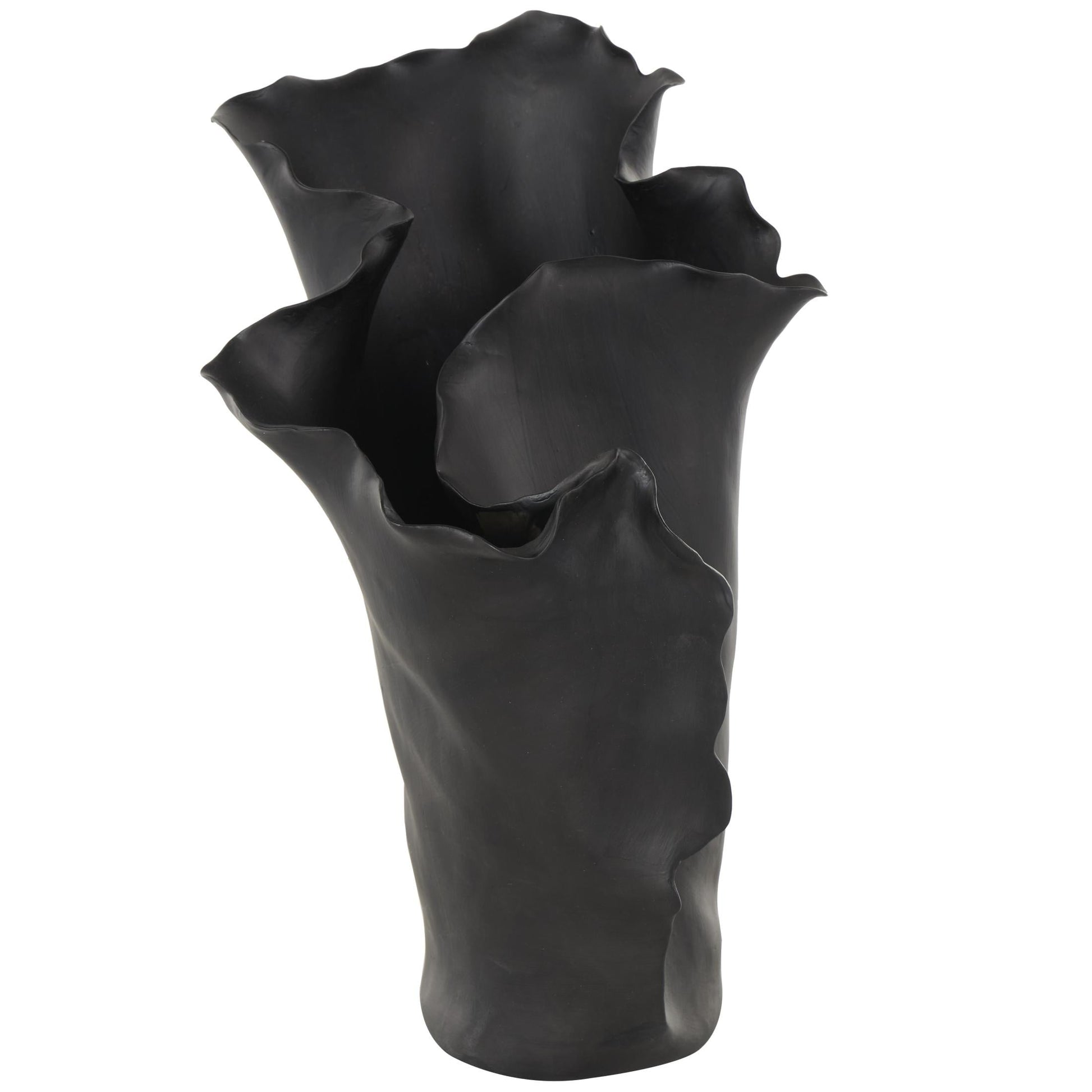 DecMode 16" Abstract Floral Inspired Black Ceramic Vase with Wavy Folded Rim