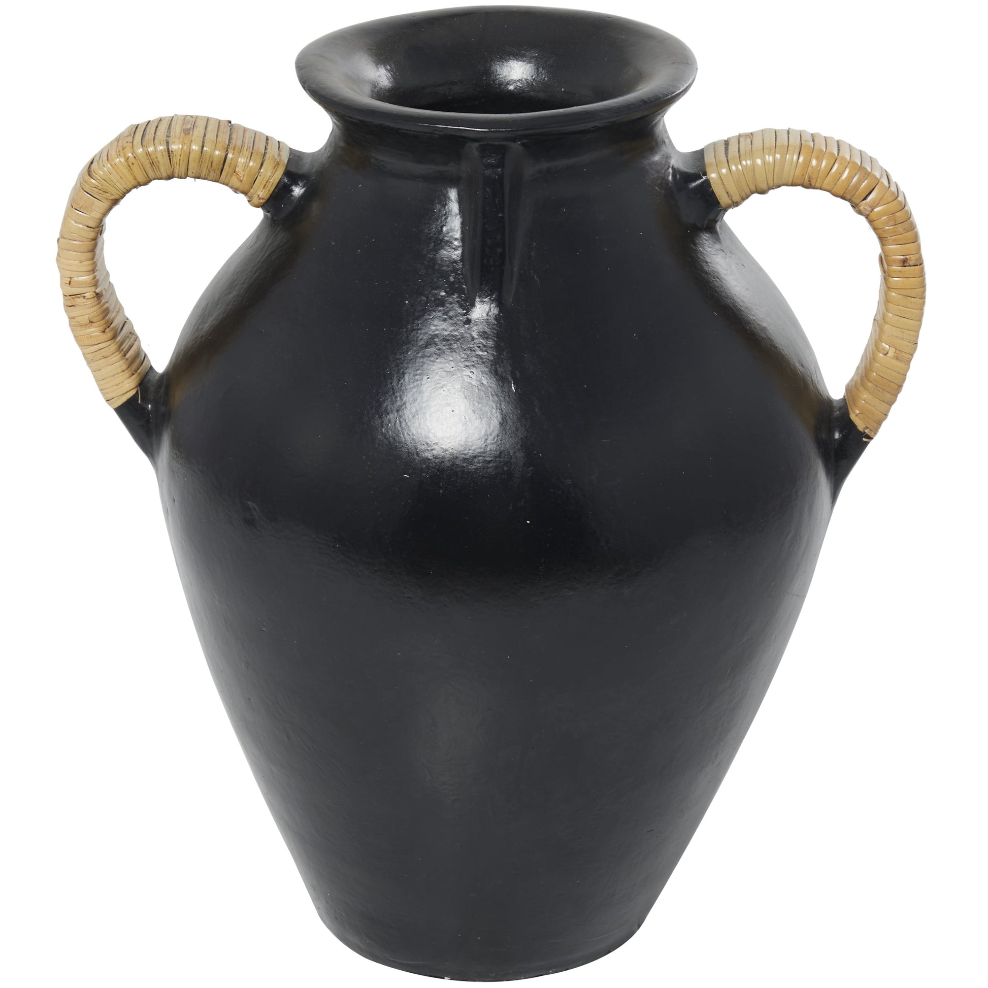 DecMode 19" Jug Inspired Black Ceramic Vase with Rattan Wrapped Handles