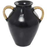 DecMode 19" Jug Inspired Black Ceramic Vase with Rattan Wrapped Handles