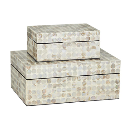 DecMode Floral Black Mother of Pearl Shell Decorative Box with Beige Accents, 2 Count