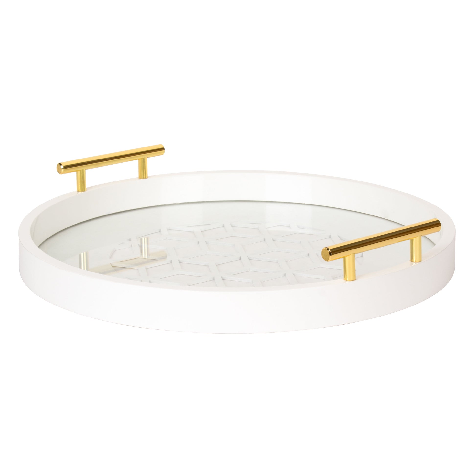 Kate and Laurel Caspen Glam Decorative Serving Tray, 15.5 Inch Diameter, White and Gold, Decorative Tray with Round Shape and Polished Gold Metal Handles for Storage and Display