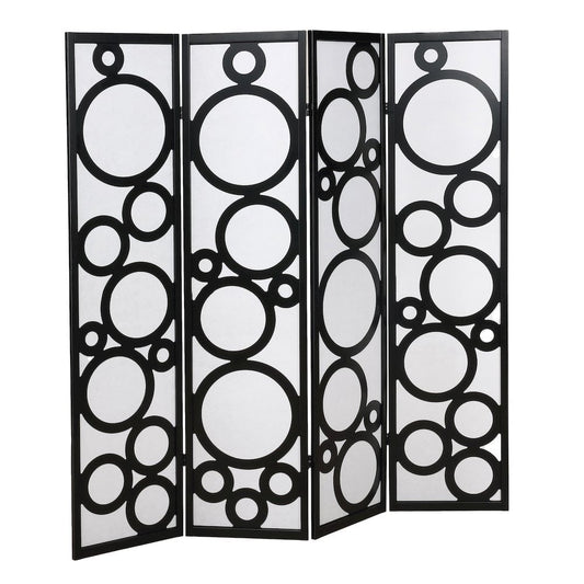 Roundhill Furniture Arvada 4-Panel Wood Room Divider w/Circle Pattern in Black